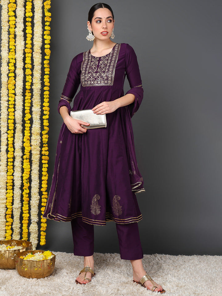 Purple Silk Blend Woven Design Embroidered Flared Kurta Trouser With Dupatta