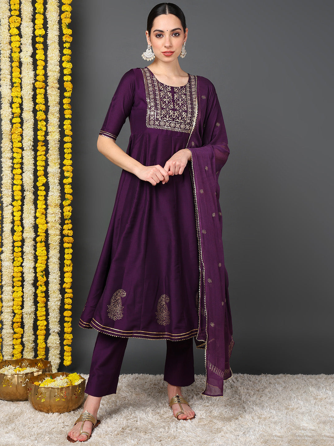 Purple Silk Blend Woven Design Embroidered Flared Kurta Trouser With Dupatta