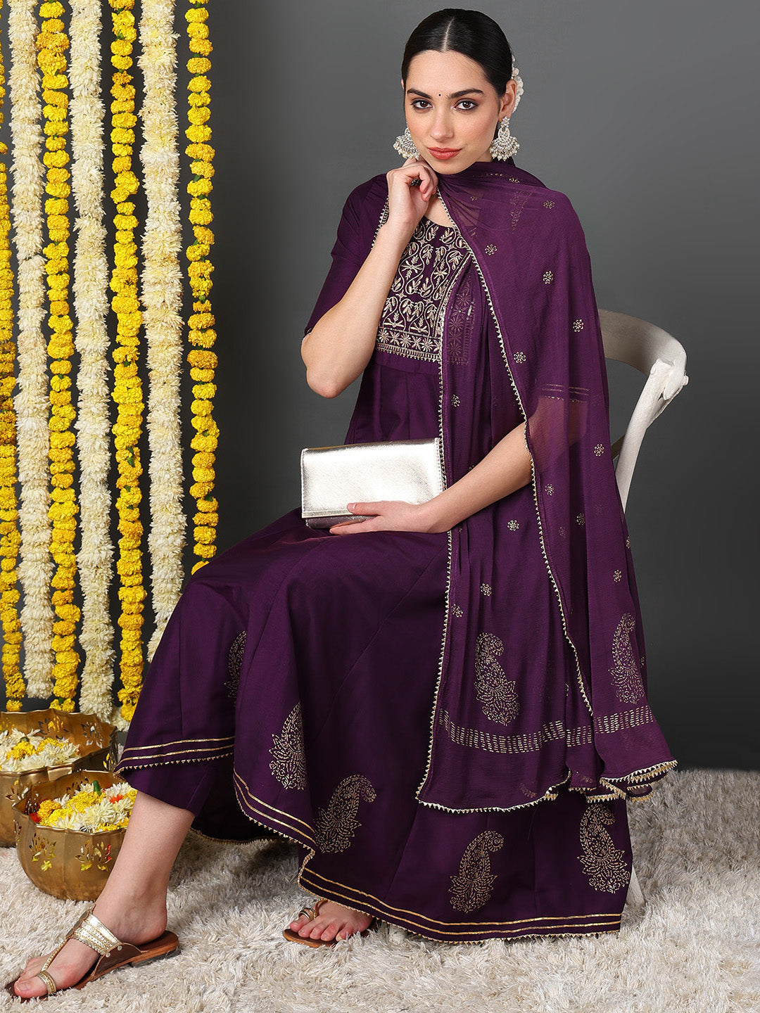 Purple Silk Blend Woven Design Embroidered Flared Kurta Trouser With Dupatta