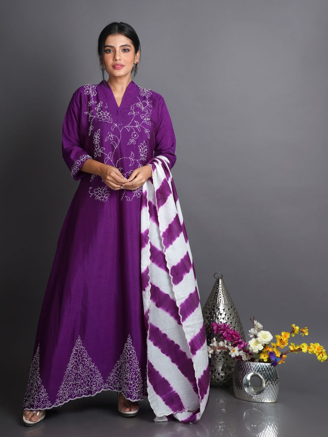 Purple Silk Suit Set with Leheriya Dupatta