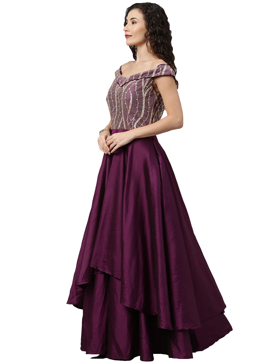 Purple-&-Pink-Embroidered-Off-Shoulder-Gown