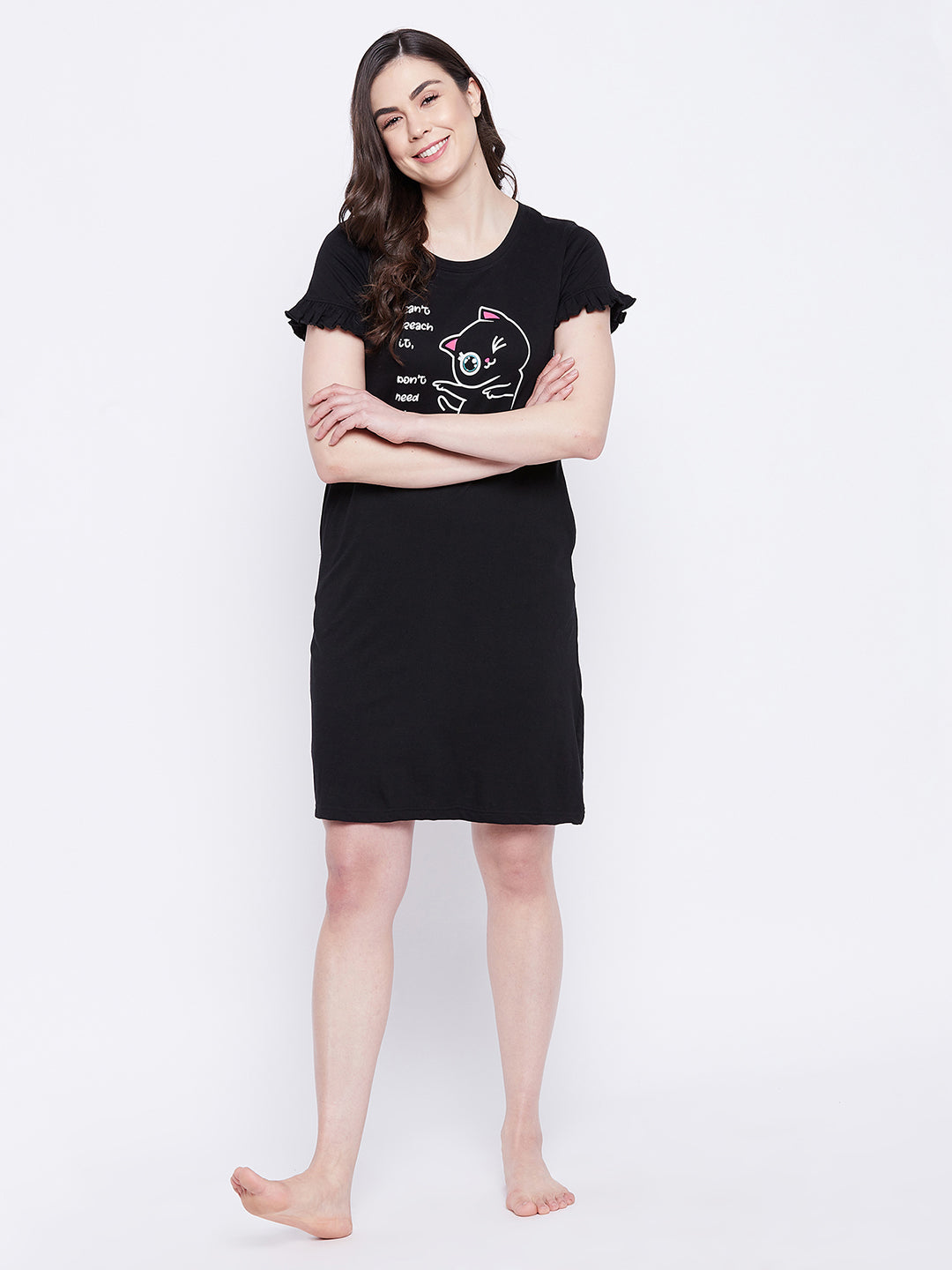 Quirky-Quote-Print-Short-Night-Dress-In-Black