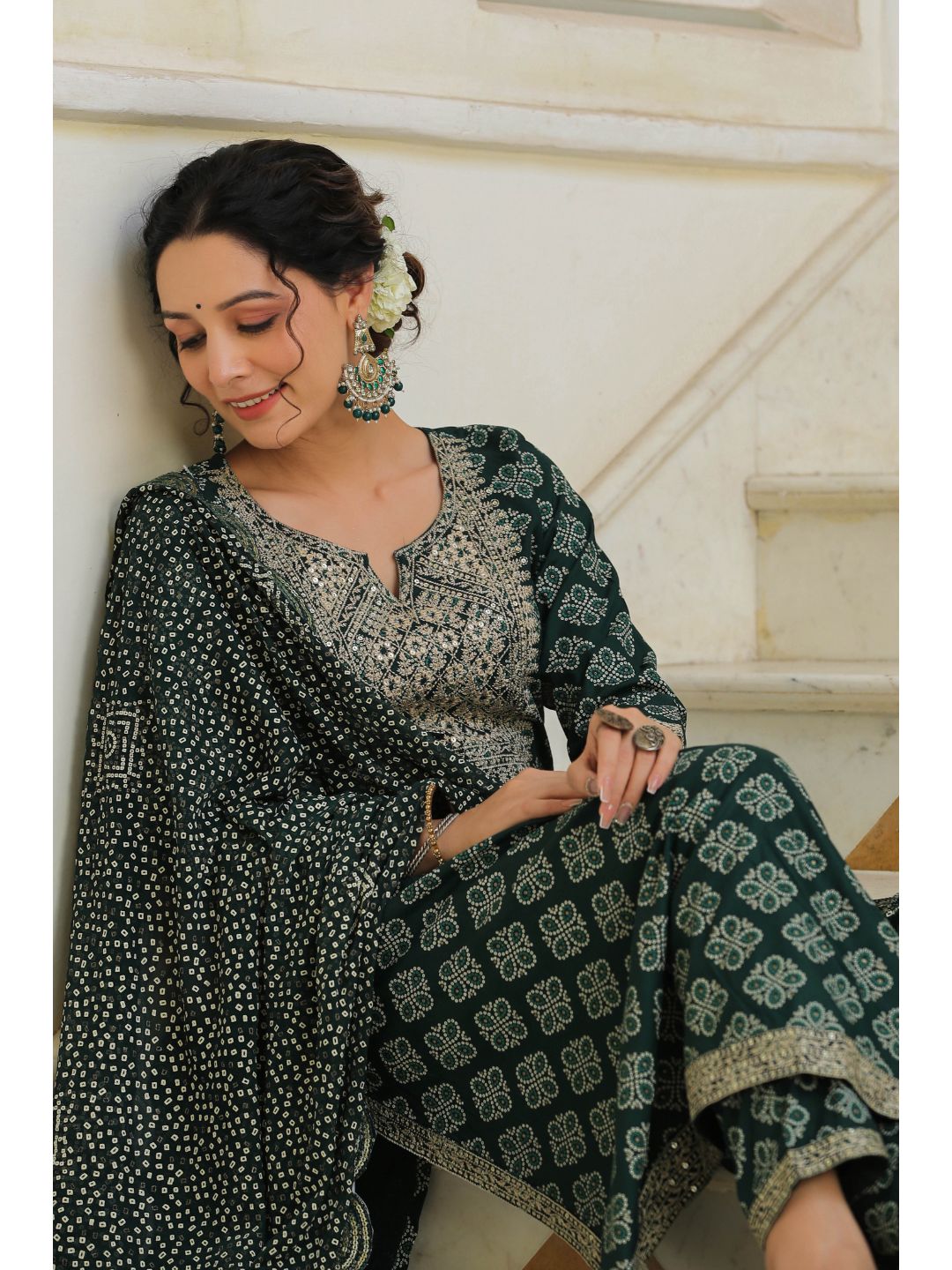 Raatrani Green Sequin & Printed Naira Suit Set