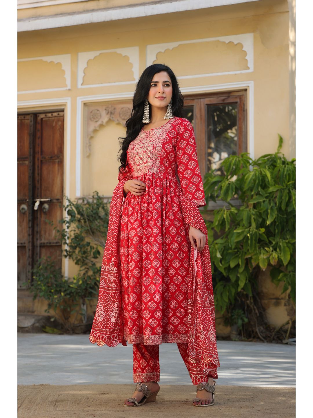 Raatrani Red Bandhani Print Naira Suit Set