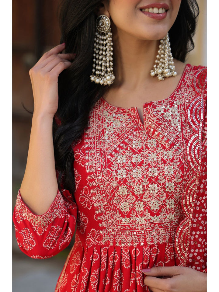 Raatrani Red Bandhani Print Naira Suit Set