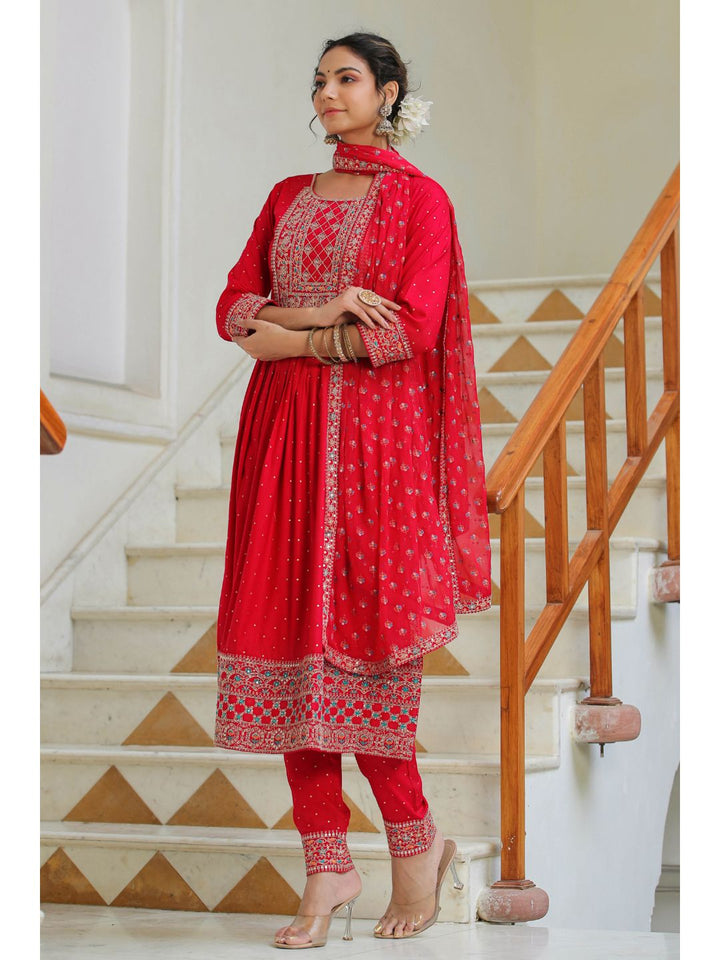 Raatrani Red Embroidered Naira Suit Set