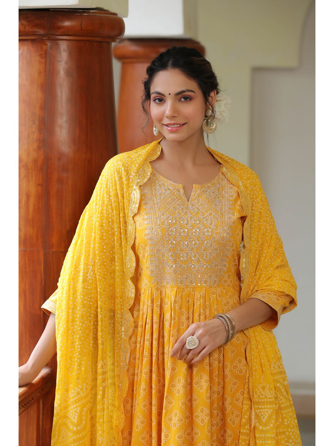 Raatrani Yellow Bandhani Print Naira Suit Set