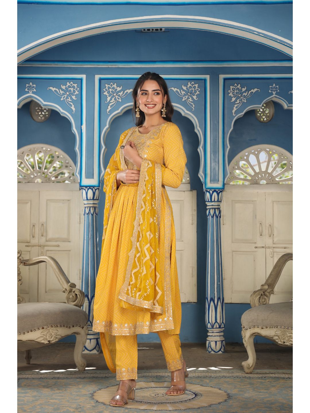 Raatrani Yellow Chevron Print Naira Suit Set