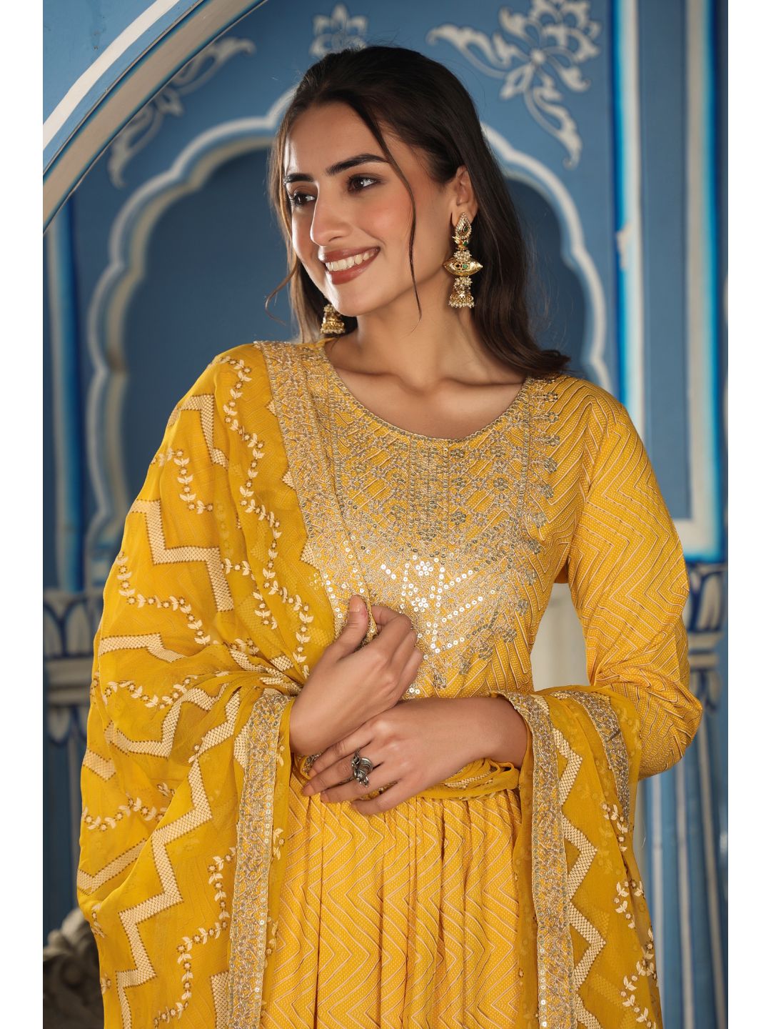 Raatrani Yellow Chevron Print Naira Suit Set