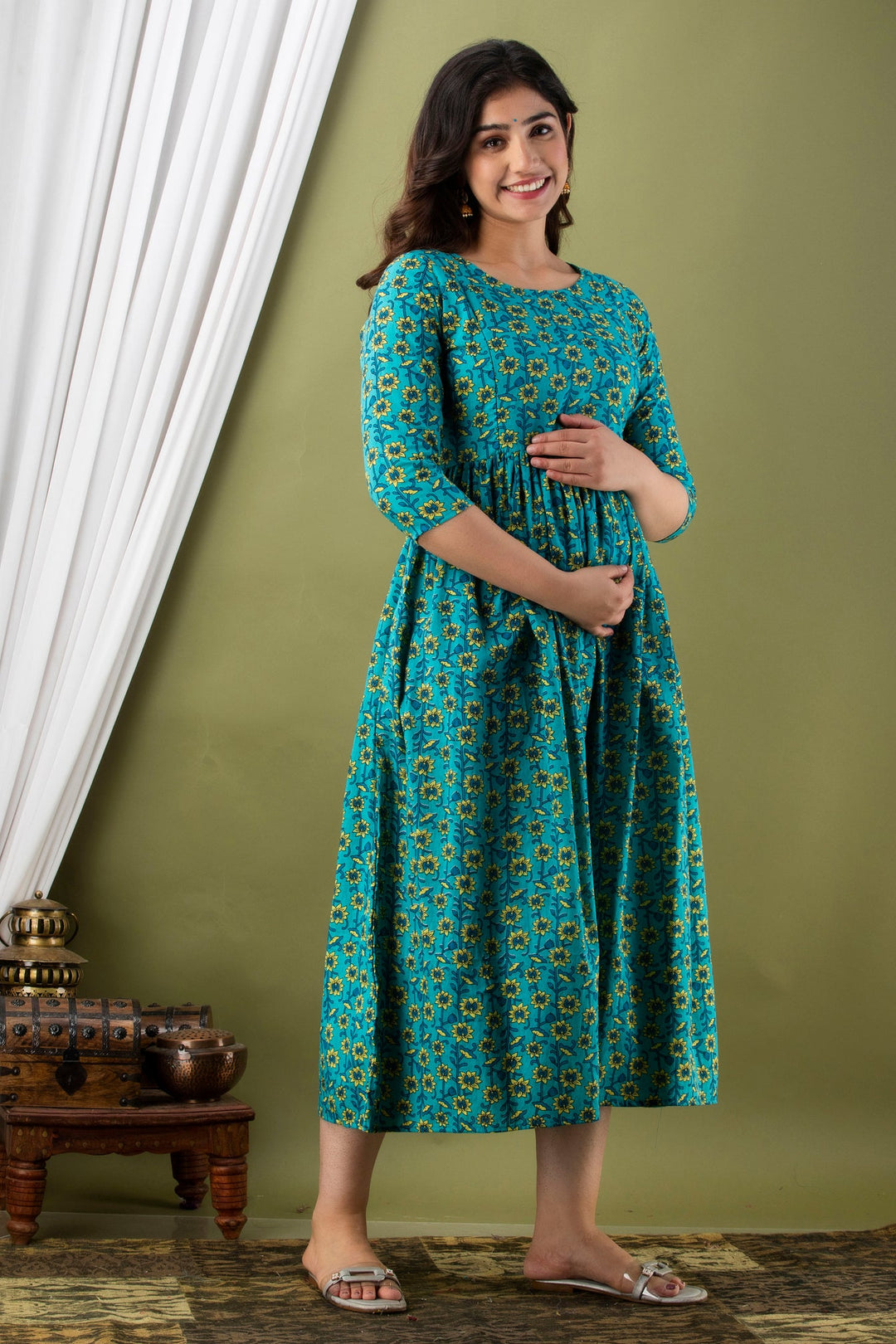 Rama-Green-Floral-Cotton-Maternity-Dress