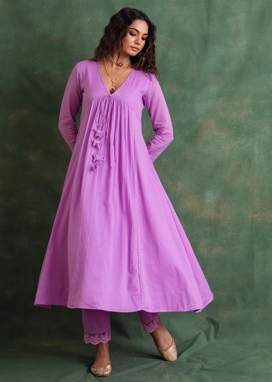 Rangrezee Lavender Anarkali Kurta Only with Floral Tassels