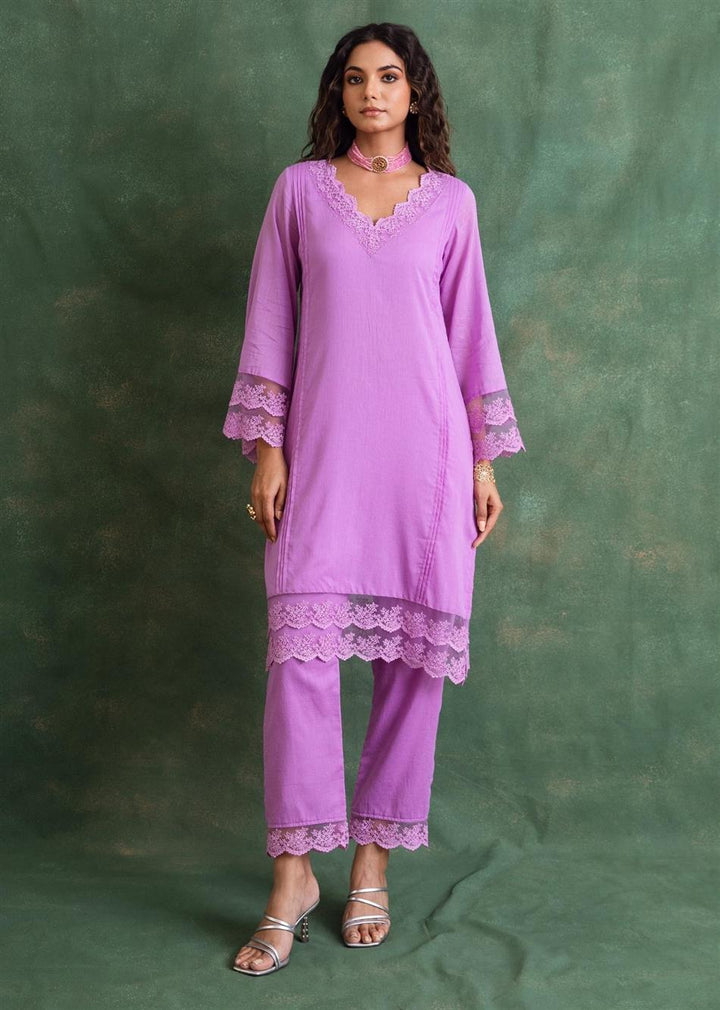 Rangrezee Lavender Solid Lace Detailed Straight Kurta Only