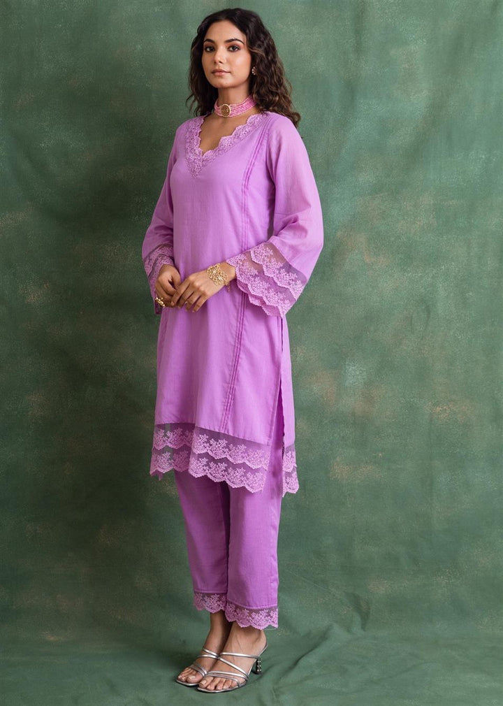 Rangrezee Lavender Solid Lace Detailed Straight Kurta Only