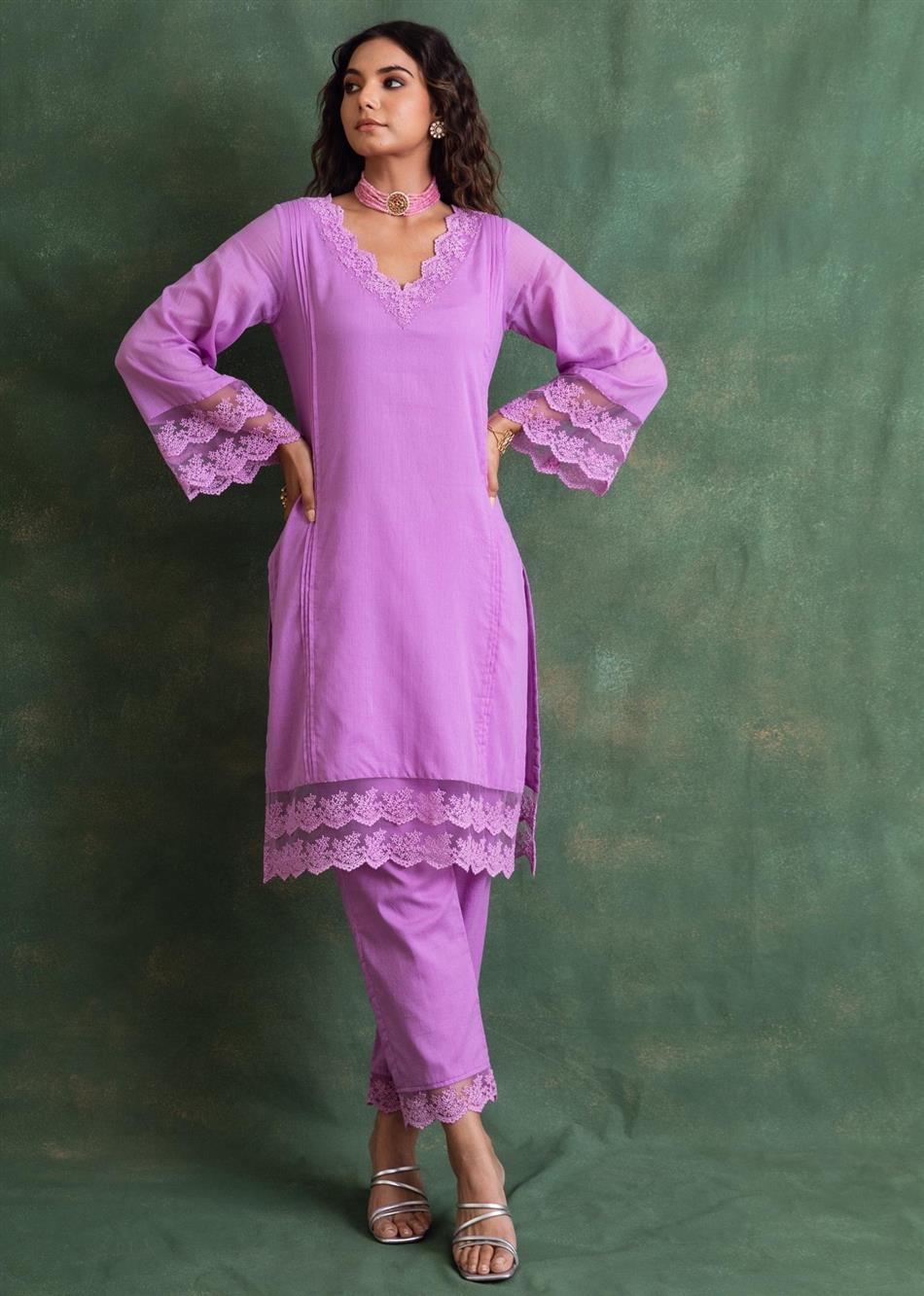 Rangrezee Lavender Solid Lace Detailed Straight Kurta Only