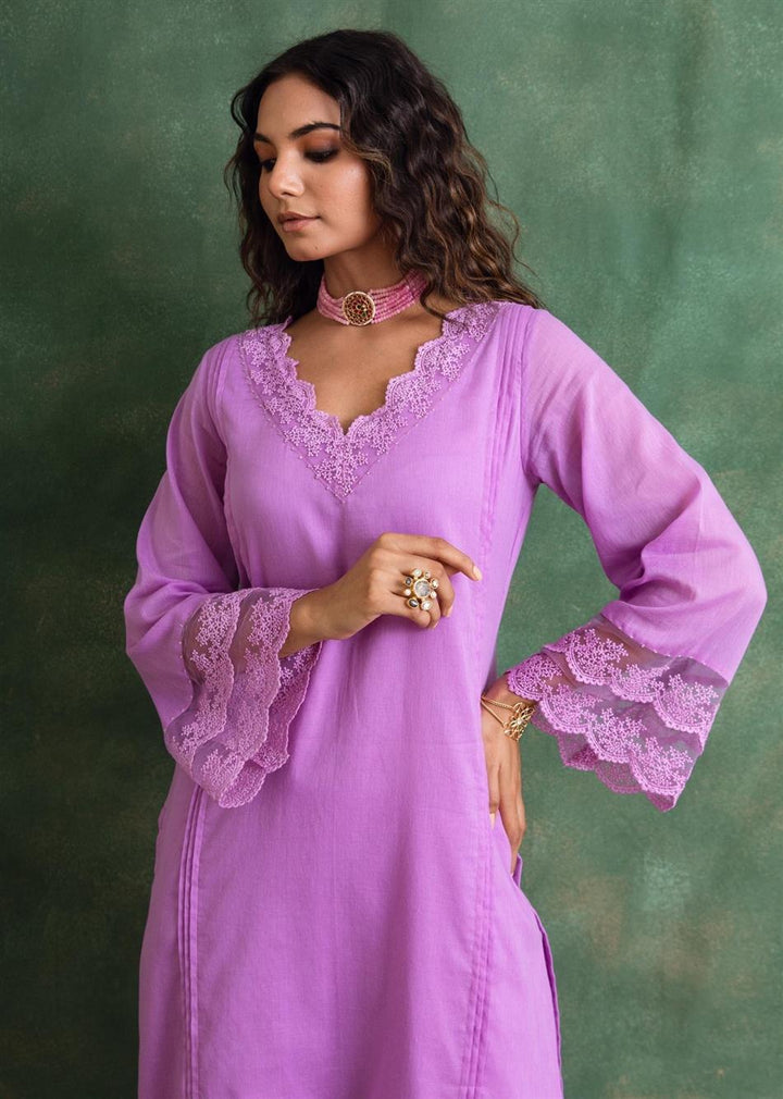 Rangrezee Lavender Solid Lace Detailed Straight Kurta Only