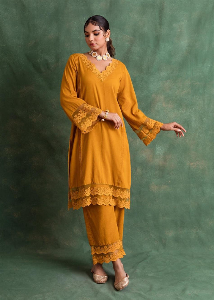 Rangrezee Mustard Lace Detailed Pin-Tuck Straight Kurta Only