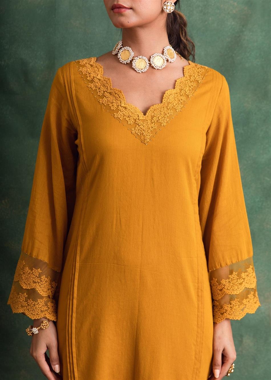 Rangrezee Mustard Lace Detailed Pin-Tuck Straight Kurta Only