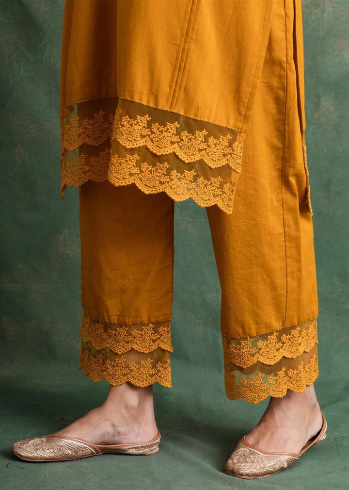 Rangrezee Mustard Lace Detailed Pin-Tuck Straight Kurta Only