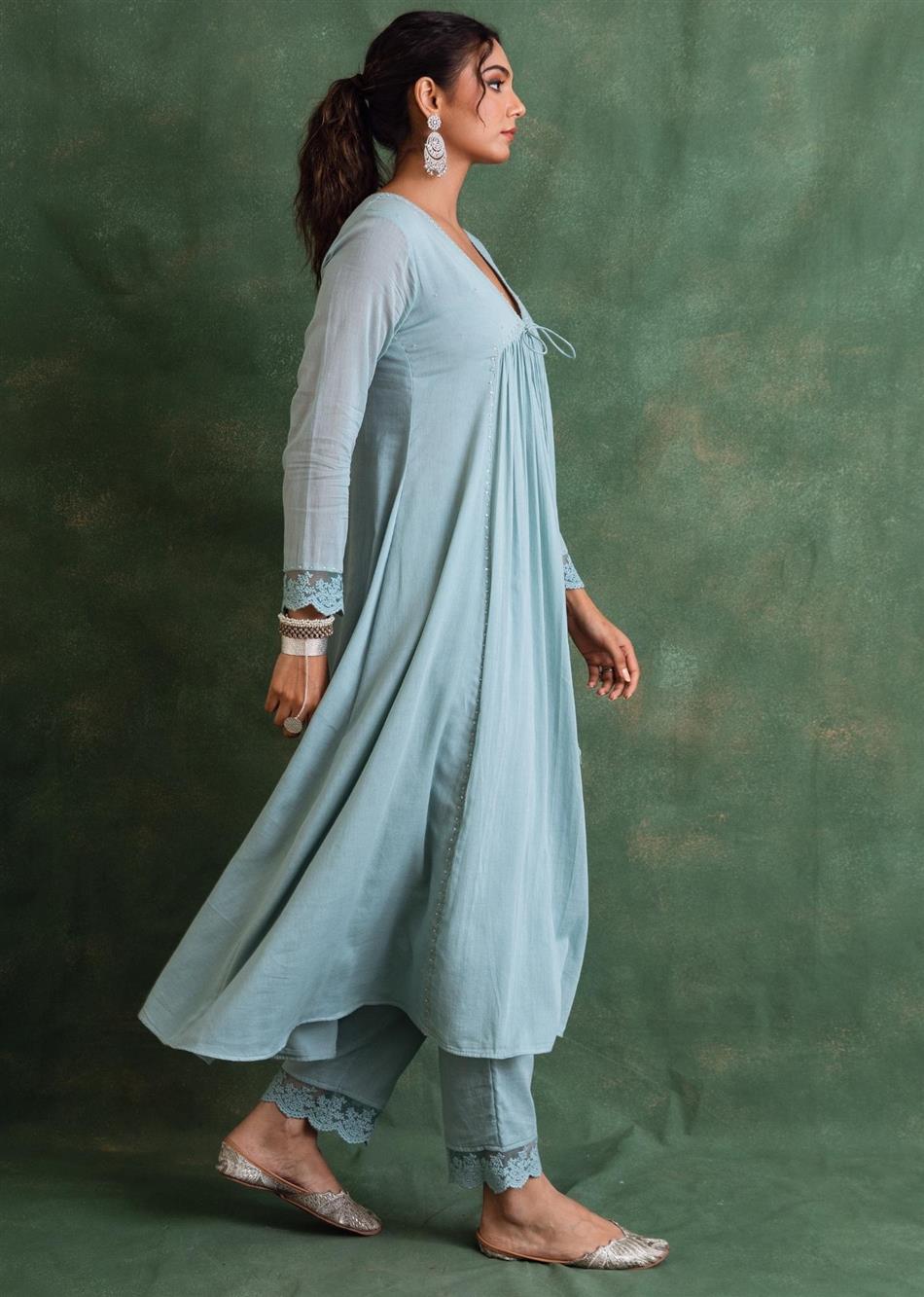 Rangrezee Powder Blue Solid Gathered Anarkali Kurta Only