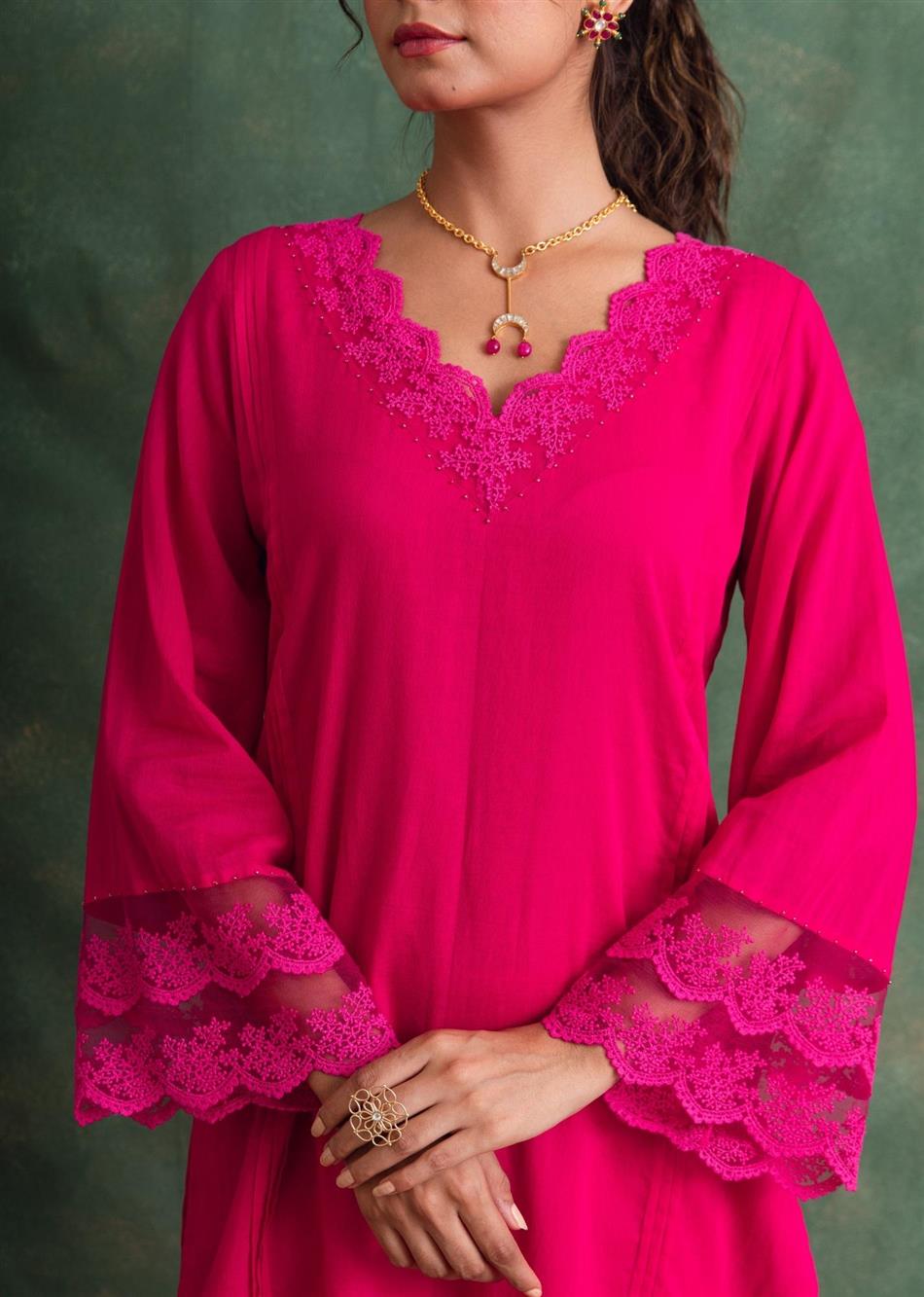 Rangrezee Rani Pink Chic Laced Straight Kurta Only