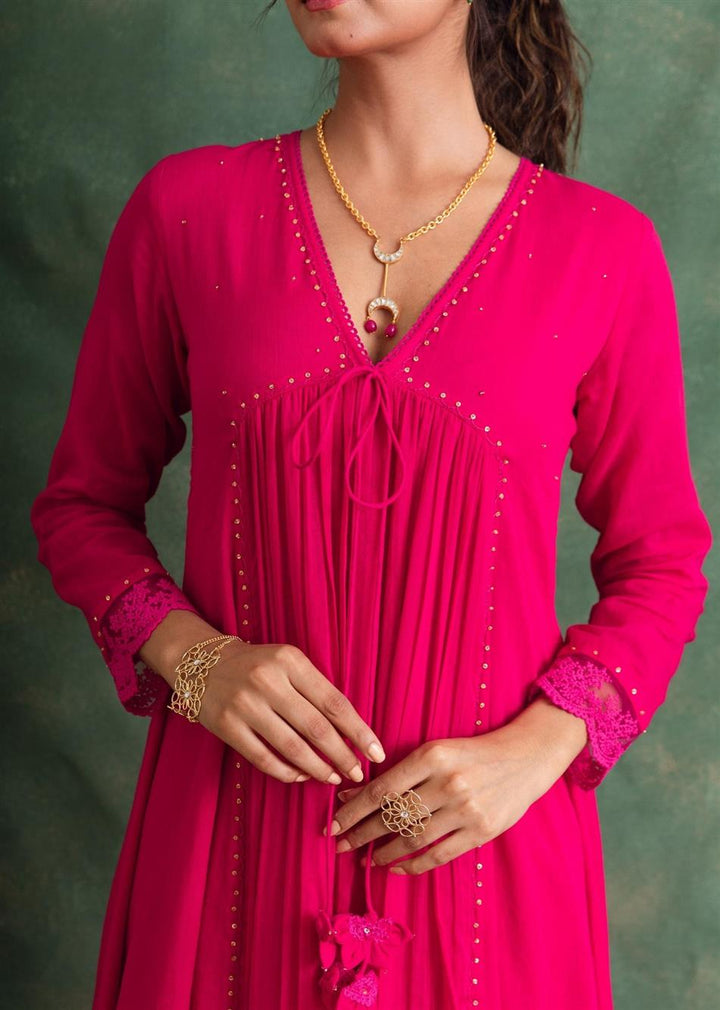 Rangrezee Rani Pink Deep Plunge Neck Anarkali Kurta Only