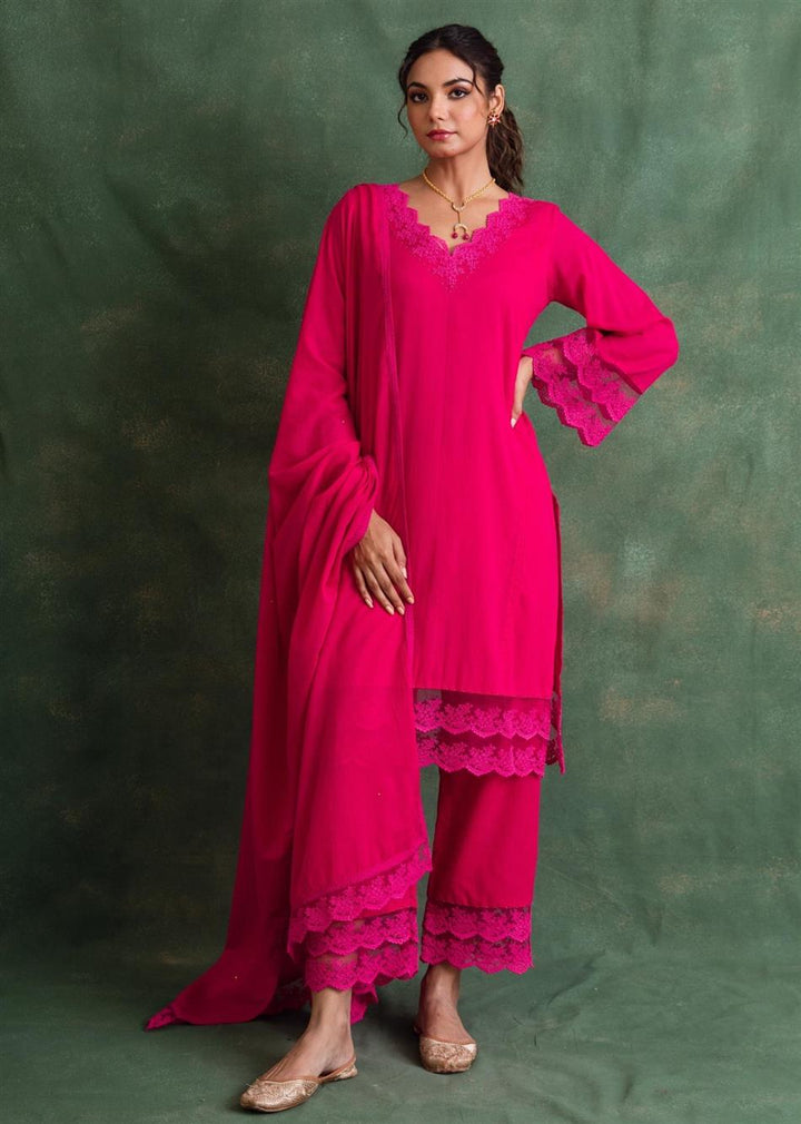 Rangrezee Rani Pink Straight Kurta Suit Set (Set Of 3)