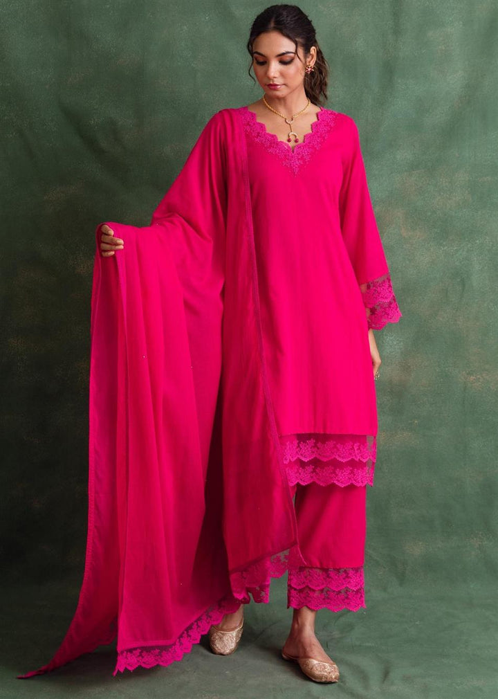 Rangrezee Rani Pink Straight Kurta Suit Set (Set Of 3)