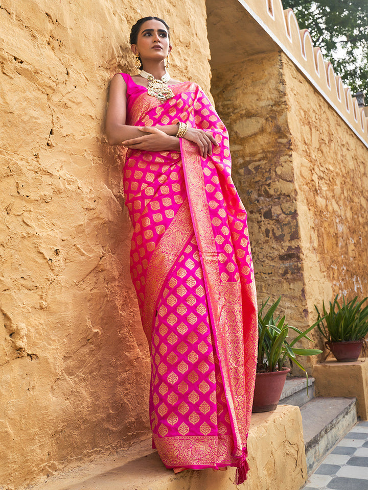 Rani Pink Ethnic Motifs Woven Design Banarasi Silk Festive Saree