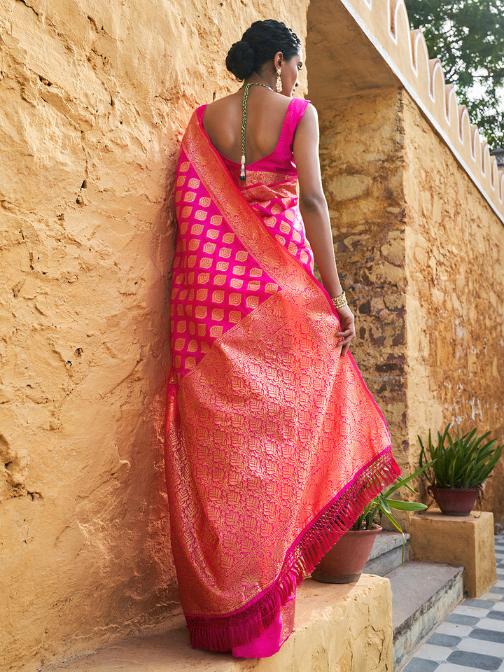 Rani Pink Ethnic Motifs Woven Design Banarasi Silk Festive Saree