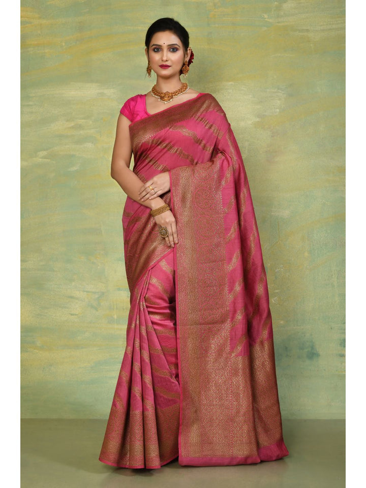 Rani Pink Munga Silk Leheriya Banarasi Saree