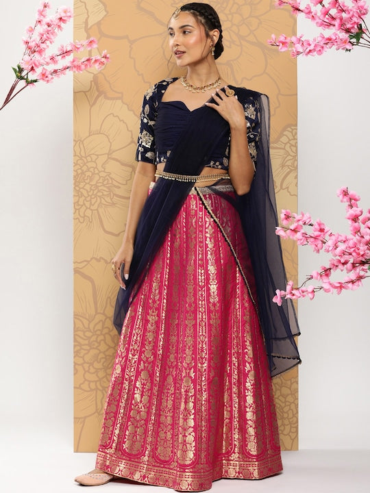 Rani Pink & Dark Blue Taffeta Jacquard Lehenga Set