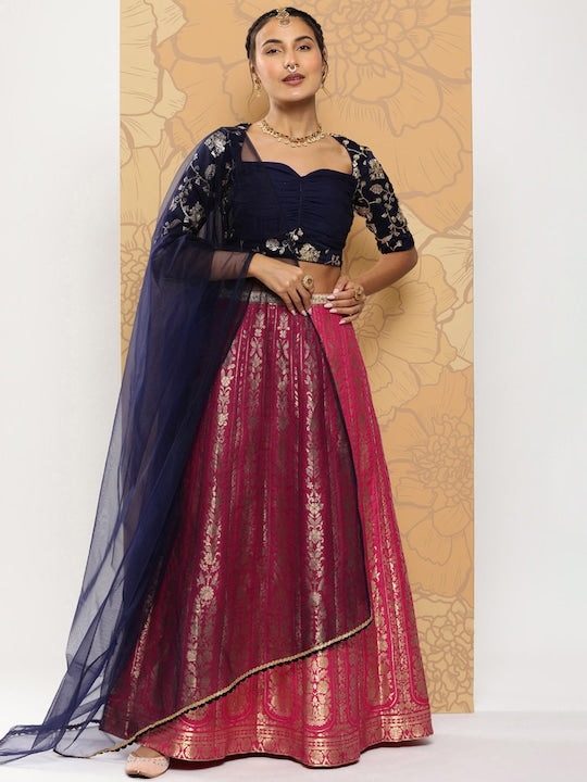 Rani Pink & Dark Blue Taffeta Jacquard Lehenga Set