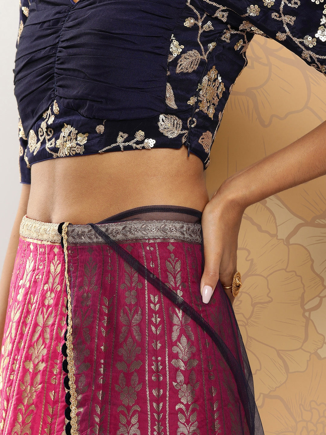 Rani Pink & Dark Blue Taffeta Jacquard Lehenga Set