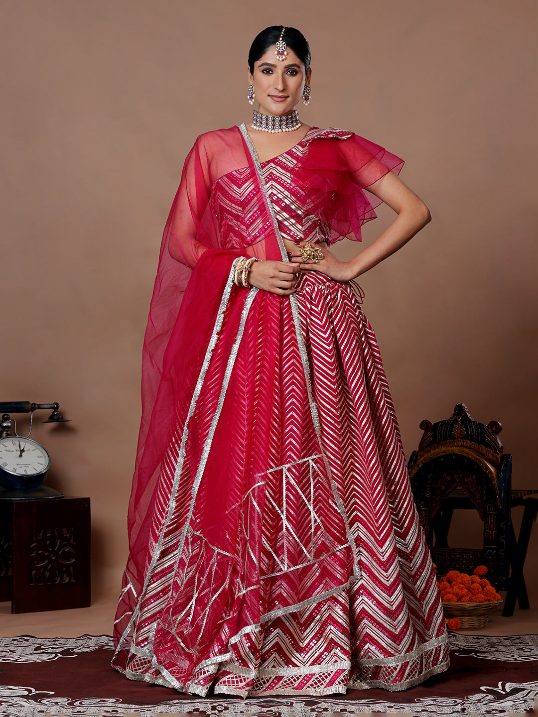 Rani-Pink-&-Silver-Georgette-Embroidered-Lehenga
