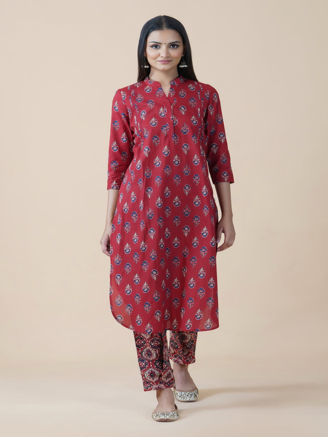 Red Ajrakh Print Kurta With U-Shaped Bottom