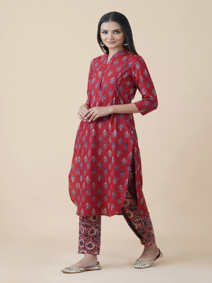 Red Ajrakh Print Kurta With U-Shaped Bottom