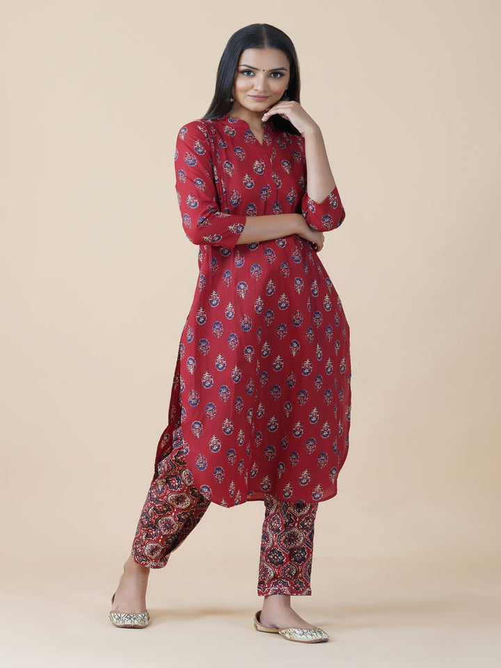 Red Ajrakh Print Kurta With U-Shaped Bottom