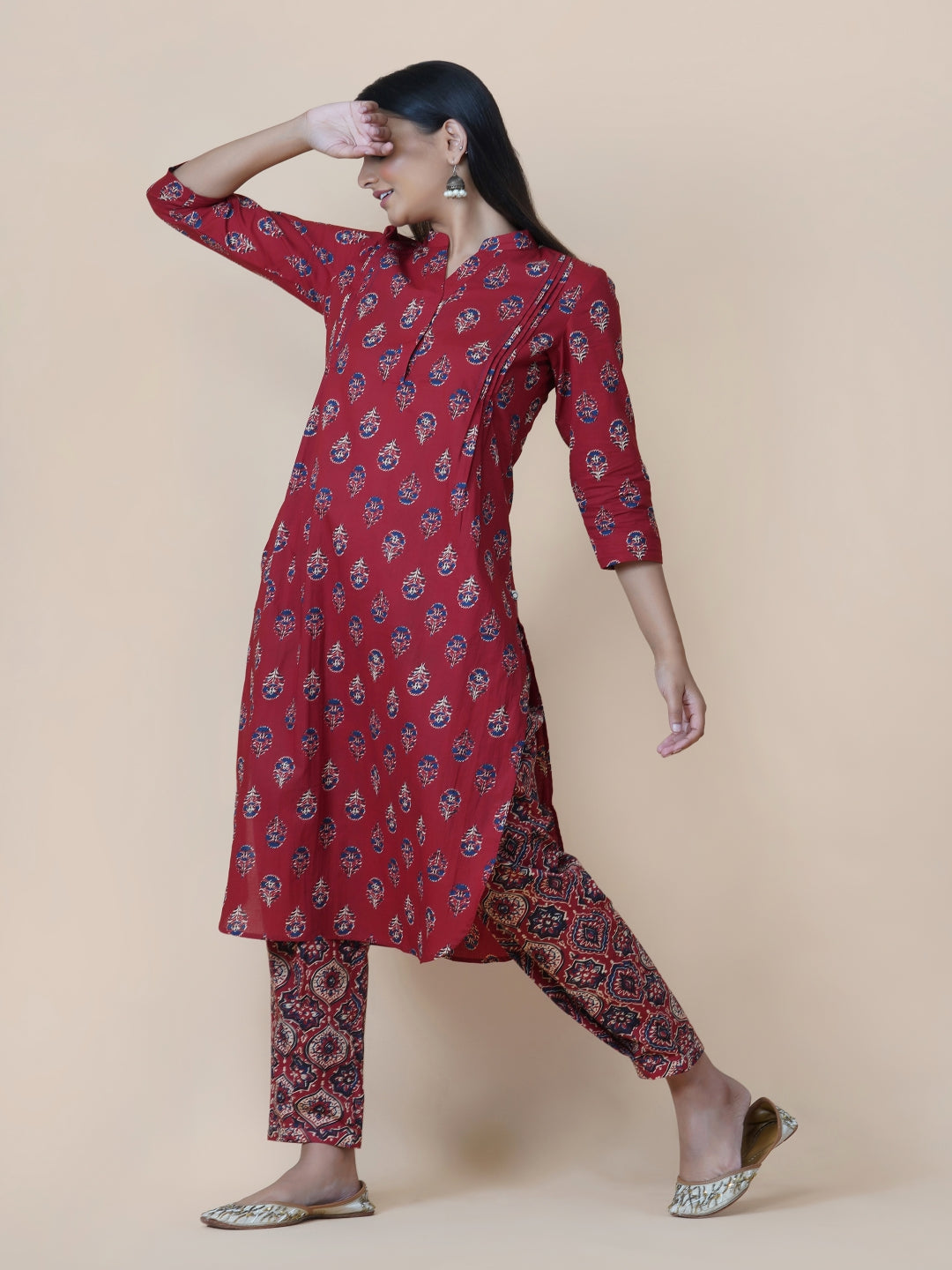 Red Ajrakh Print Kurta With U-Shaped Bottom