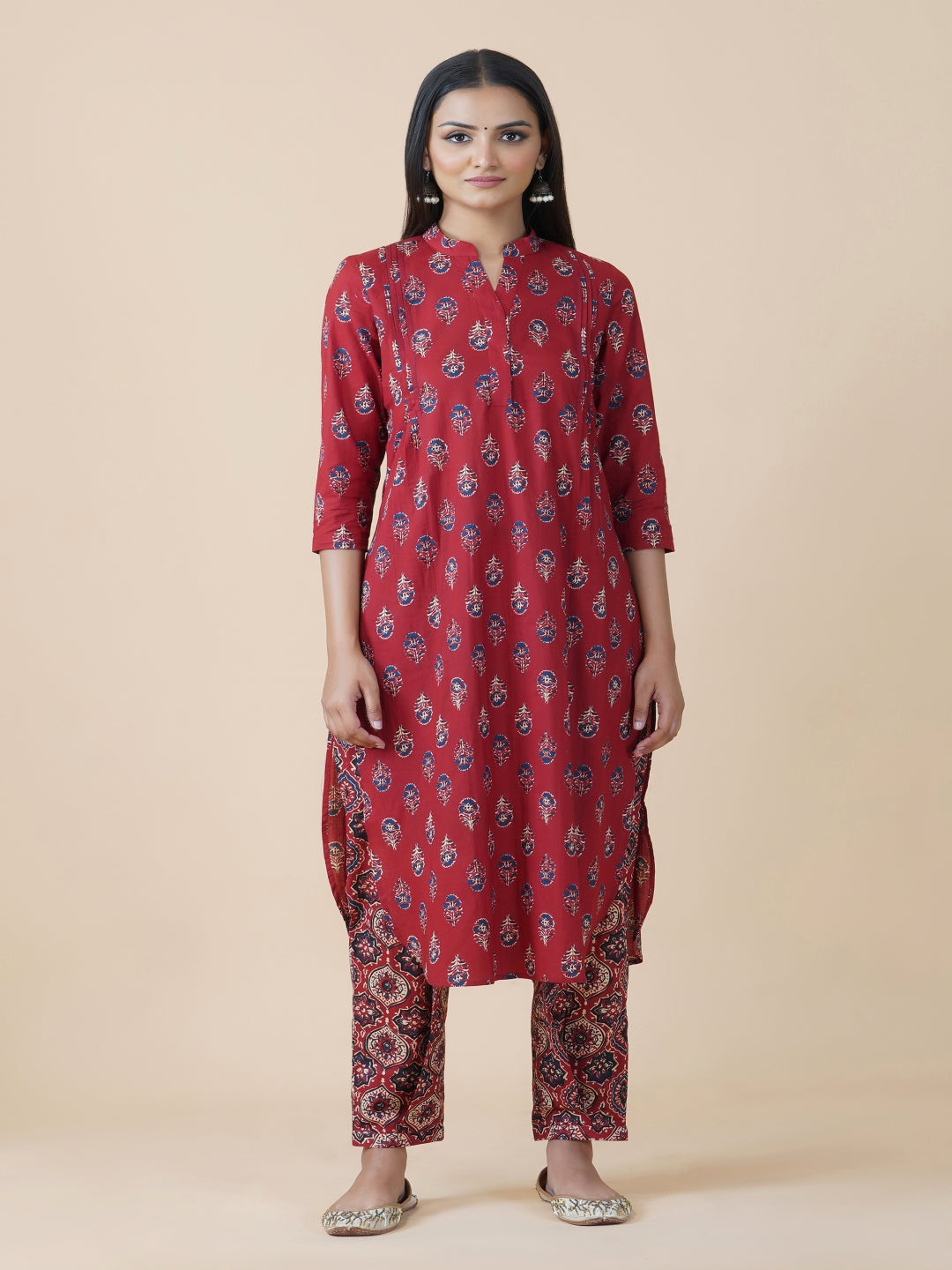 Red Ajrakh Print Kurta With U-Shaped Bottom