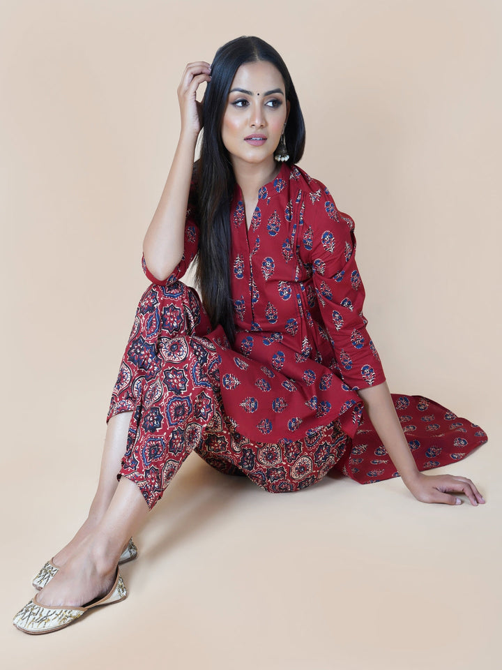 Red Ajrakh Print Kurta With U-Shaped Bottom