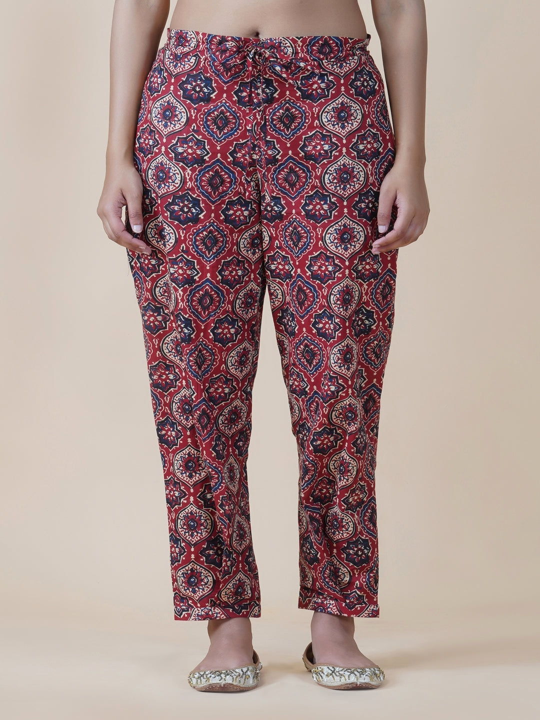 Red Ajrakh Print Pants With Pleated Bottom