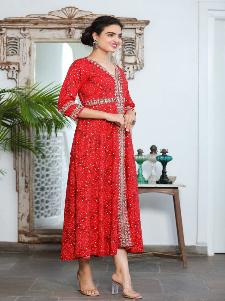 Red Bandhani Embroidered Dress