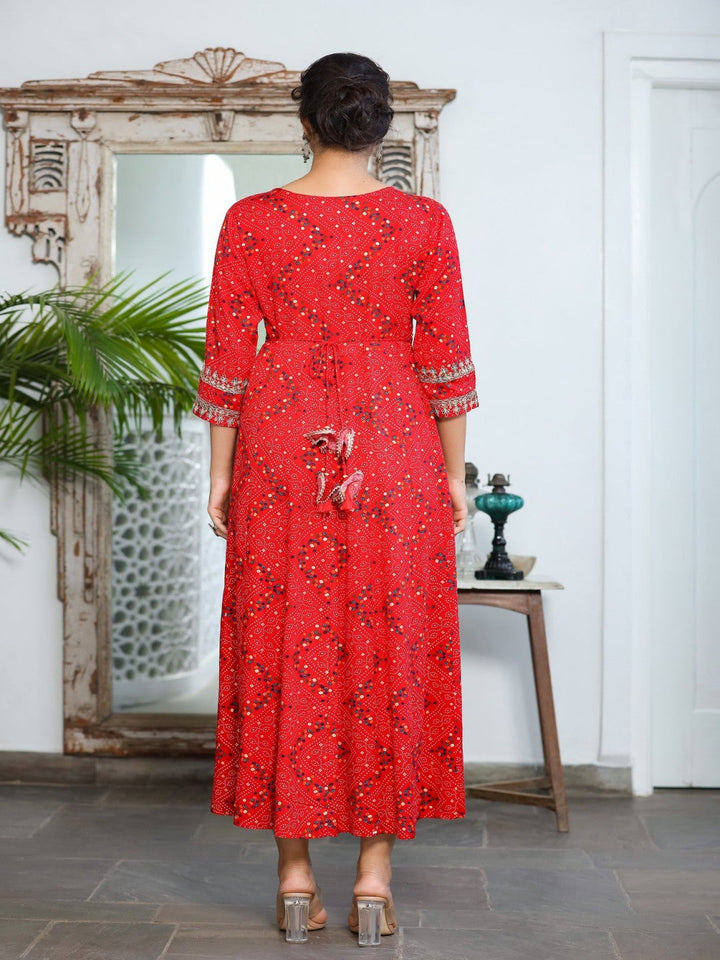 Red Bandhani Embroidered Dress