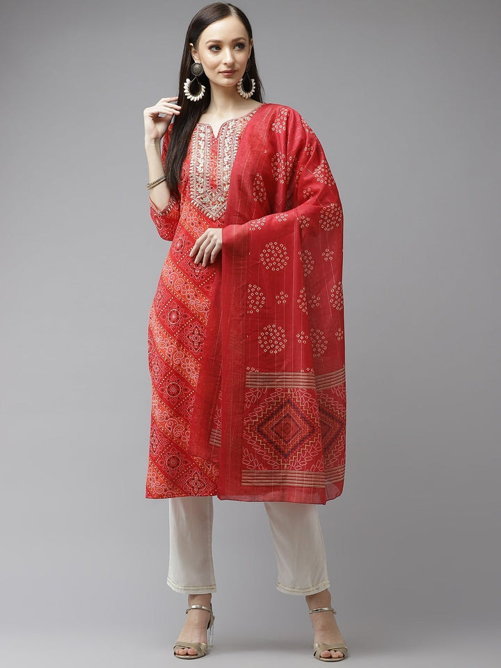 Red Bandhani Printed Kurta Set With Dupatta