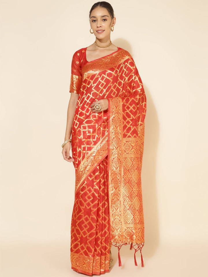 Red Chanderi Silk Geometric Woven Festive Saree