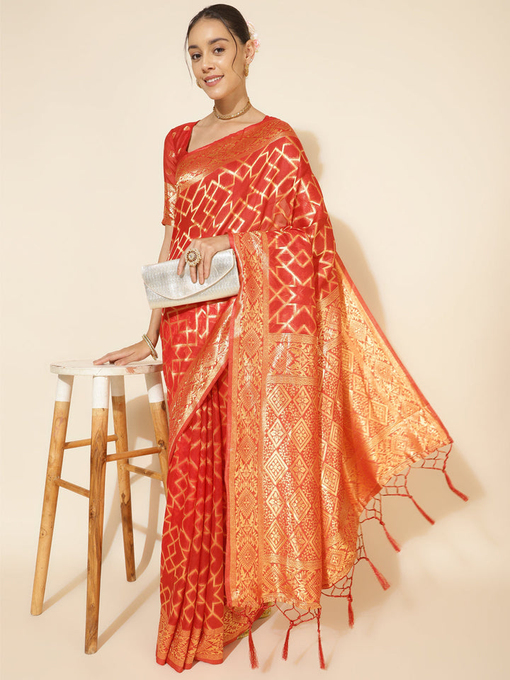 Red Chanderi Silk Geometric Woven Festive Saree