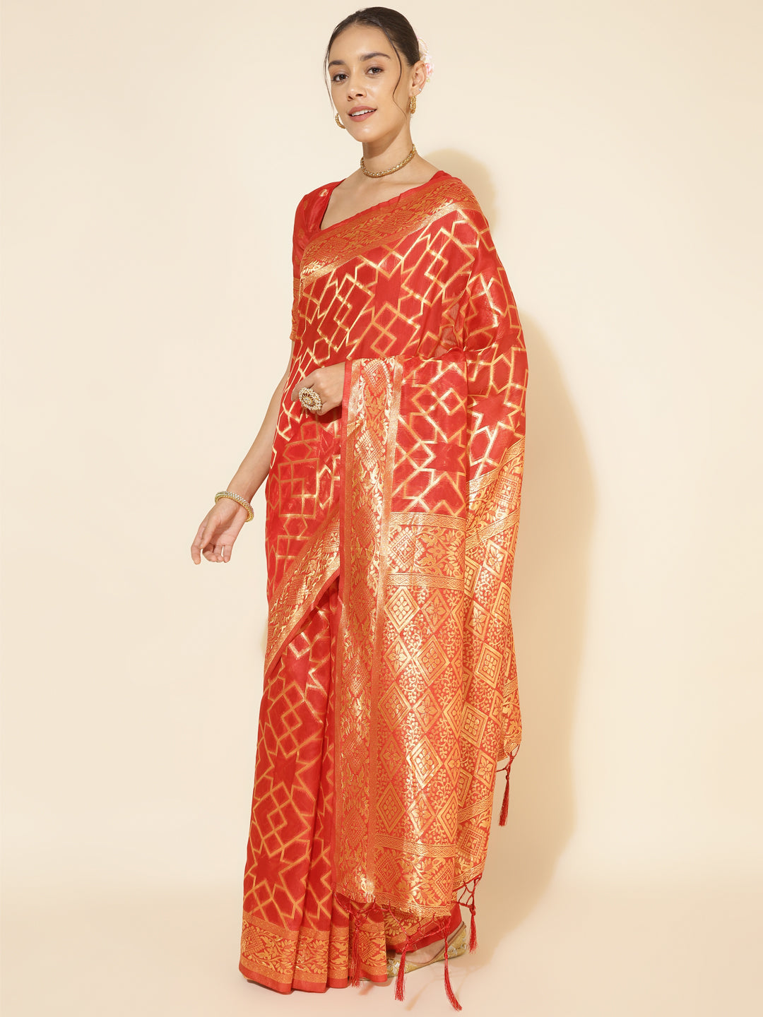 Red Chanderi Silk Geometric Woven Festive Saree