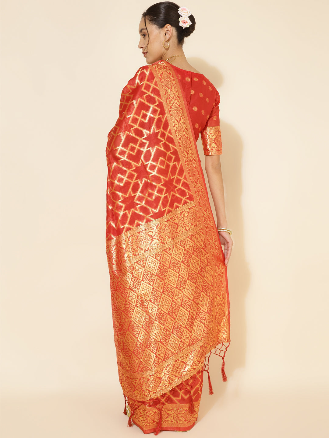 Red Chanderi Silk Geometric Woven Festive Saree