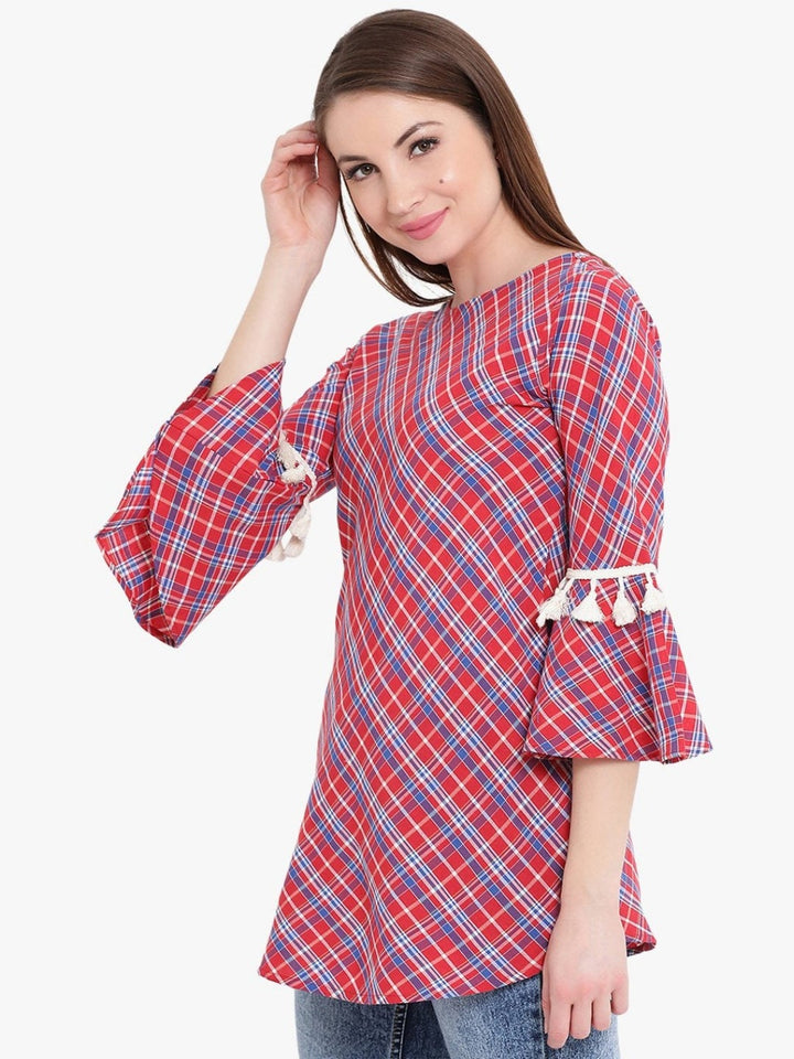 Red Check Tunic With Tassels Flounce Sleeve