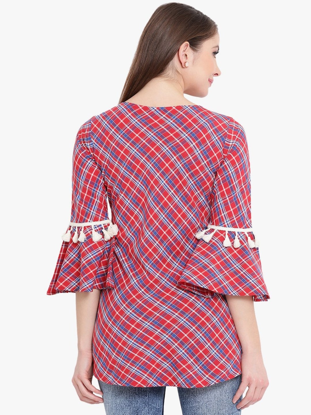 Red Check Tunic With Tassels Flounce Sleeve